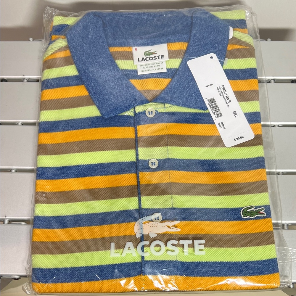 Lacoste Men's Polo Shirt - Blue, Orange, Chartreuse and Brown Stripes Size 6/L